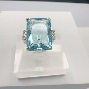 Aquamarine CZ Silver Tone Cocktail Ring Size 6 to 10